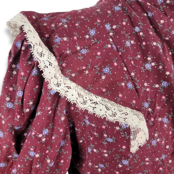 Vintage Burgundy Floral Lace Puff Sleeve Button Front Prairie Top - Picture 5 of 7